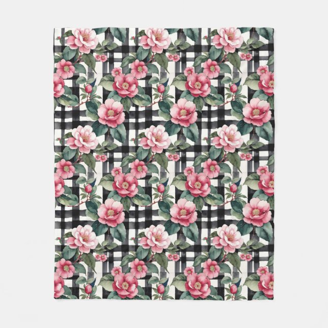 Cobertor De Velo Xadrez Preta e Branca com Camellias Rosa Folha (Frente)
