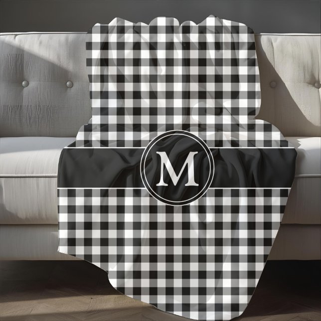 Cobertor De Velo Xadrez Preto e Branco Monograma (Monogram Black And White Gingham Fleece Blanket)