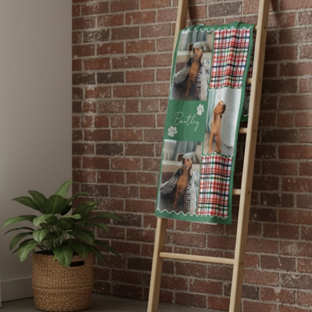 Cobertor De Velo Xadrez Stripe Pet Quatro Grade de Fotografias (Cozy up with this Plaid Stripe Squiggle Pet Four Photo Grid Fleece Blanket!)