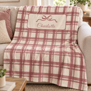Cobertor De Velo Xadrez Tartan Creme Laço Vermelho Natal
