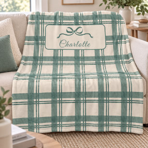 Cobertor De Velo Xadrez Tartan Verde Sálvia Creme Laço Natal