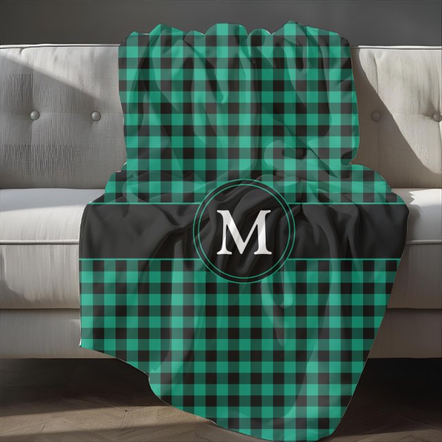 Cobertor De Velo Xadrez Verde Rústico Monograma (Rustic Green Plaid Checks Monogram Fleece Blanket)