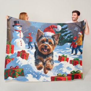 Cobertor De Velo Yorkshire Terrier na Neve com Chapéu de Natal