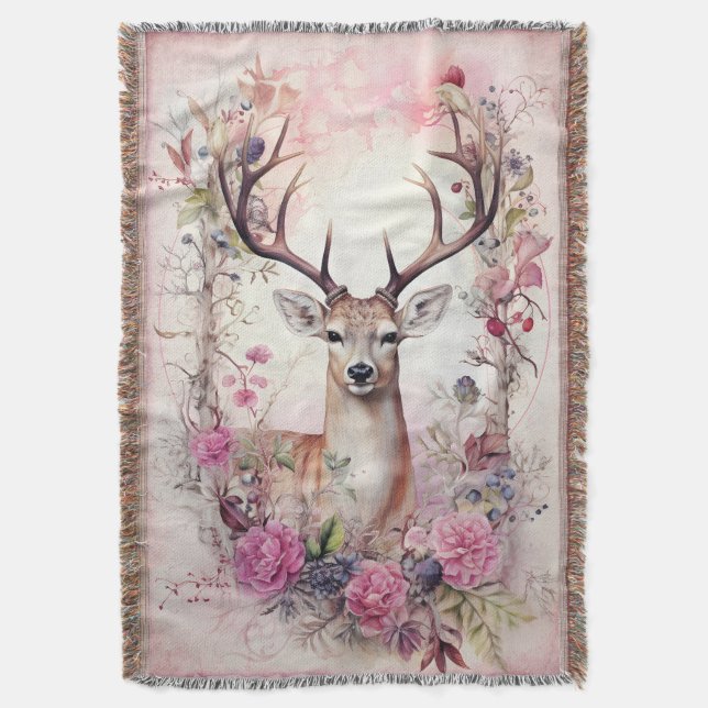 Cobertor Deer Antlers Pink Flowers Woodsy Natal (Frente Vertical)