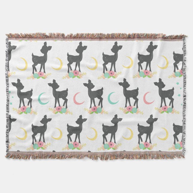 Cobertor Deer Pattern, Baby Deer, Boho, Flores, Lua (Frente)