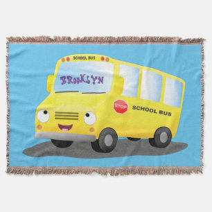 Cobertor Desenho animado de ônibus escolar amarelo feliz e 