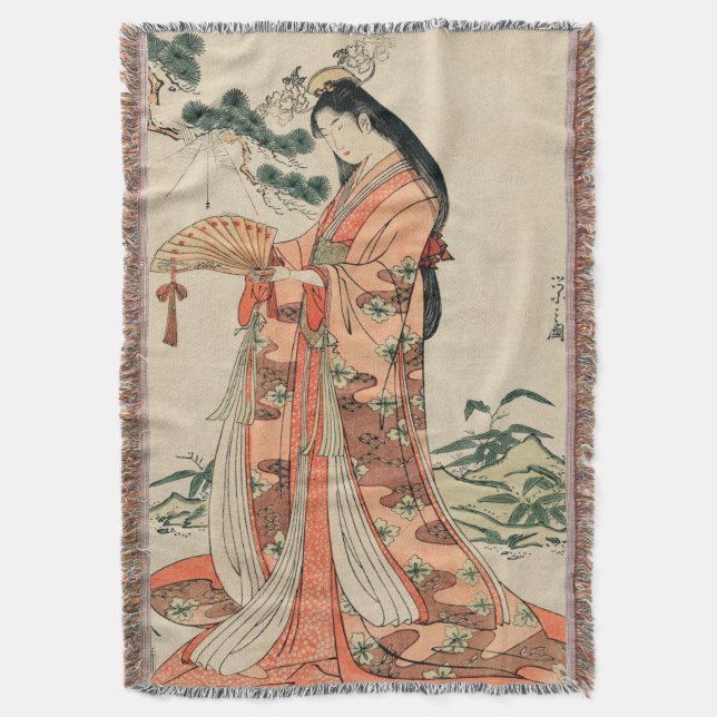 Cobertor Desenho de madeira japonesa antiga com mulher (Frente Vertical)