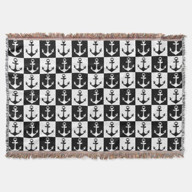 Cobertor Design de padrão de âncora xadrez preto e branco (Frente)