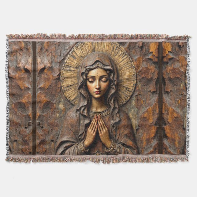 Cobertor Devoção Esculpida Maria de Madeira (Frente)