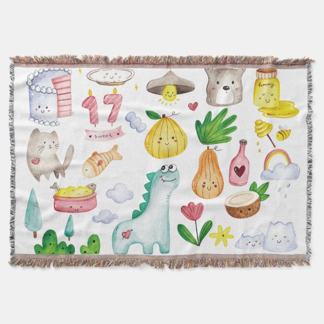 Cobertor Dodles de aquarela Kawaii, pronto para autocolante (Frente)