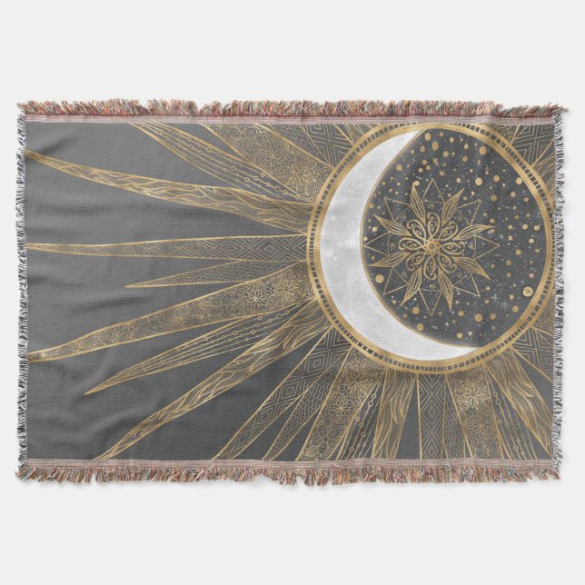 Cobertor Dodles Dourados Elegantes Sun Moon Mandala Design (Frente)