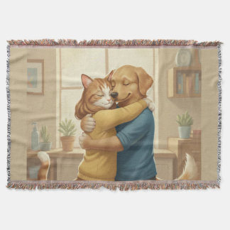 Cobertor Dog and Cat Hugging Whimsical Woven Throw Blanket