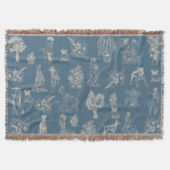 Cobertor Dogs Lady Toile de Jouy Dark Turquoise (Frente)