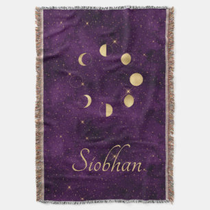 Cobertor Dourada Lua Fases Estrelas Roxas Personalizadas