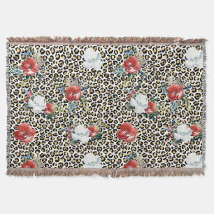 Cobertor Dourado Leopardo Impresso Vermelho Floral Branco