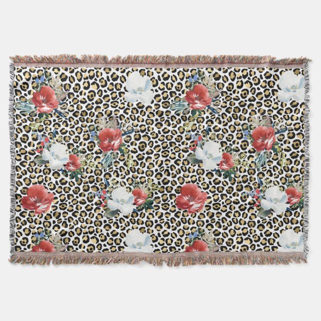 Cobertor Dourado Leopardo Impresso Vermelho Floral Branco (Frente)