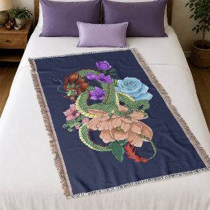 Cobertor Dragão Chinês Verde Místico Floral Azul Marinho