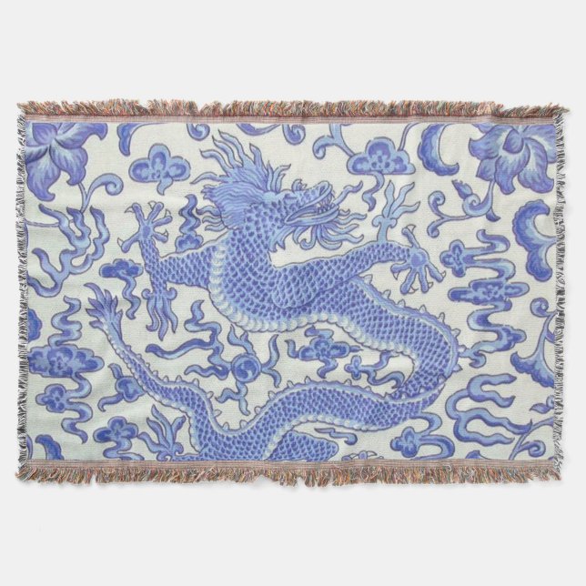 Cobertor Dragão oriental chinês azul e branco (Frente)