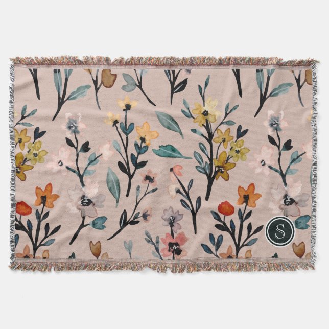 Cobertor Dusty Rosa Boho Floral Watercolor Personalizado (Frente)