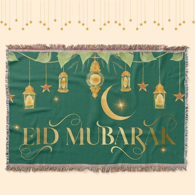 Cobertor Eid Mubarak, Elegante, Dourada Lanterna Verde, Est (An elegant, modern "Eid Mubarak throw blanket in green + gold.)
