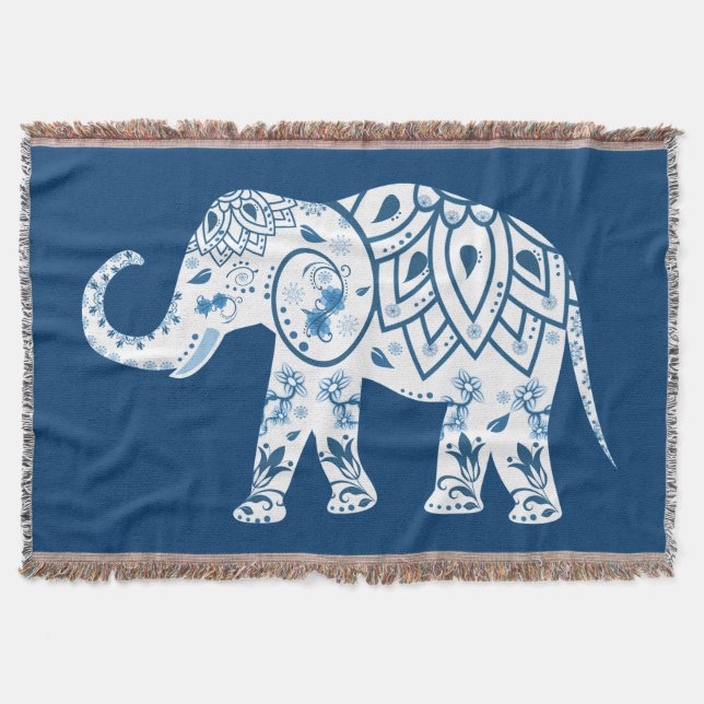 Cobertor Elefante Azul com Padrão Ornamentado (Frente)