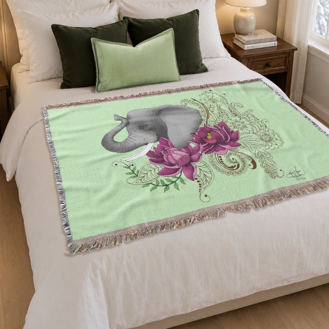 Cobertor Elefante Floral Rosa Lótus Henna Mandala Verde (Criador carregado)
