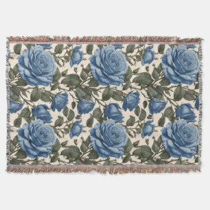 Cobertor Elegância Azul: Rosas Provinciais Antigas em Flor