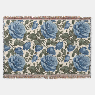 Cobertor Elegância Azul: Rosas Provinciais Antigas em Flor