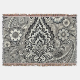 Cobertor Elegância Floral de Paisley Preta e Cinza