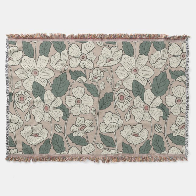 Cobertor Elegant Cream Beige & Green Illustrated Floral  (Frente)