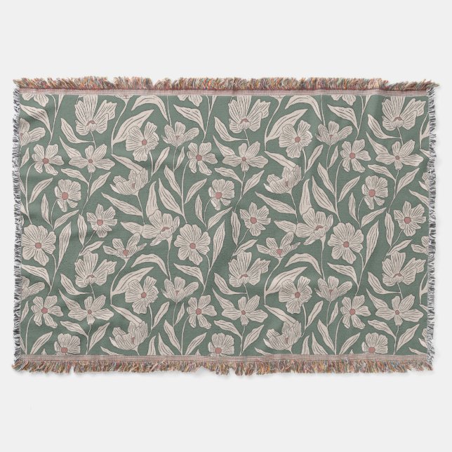 Cobertor Elegant Floral Boho Pink & Dark Green Botanical (Frente)