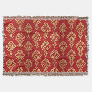 Cobertor Elegante Padrão de Damasco Real Vermelho e Dourado