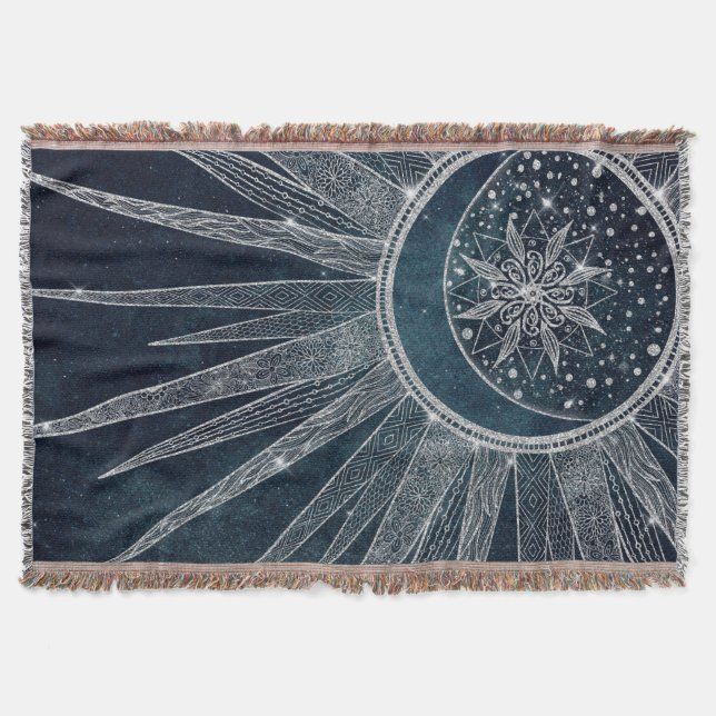 Cobertor Elegante Sun Moon Doodle Mandala Blue Design (Frente)