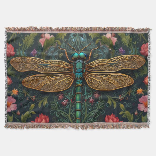 Cobertor Elegante Vintage dragonfly boho botânico (Frente)