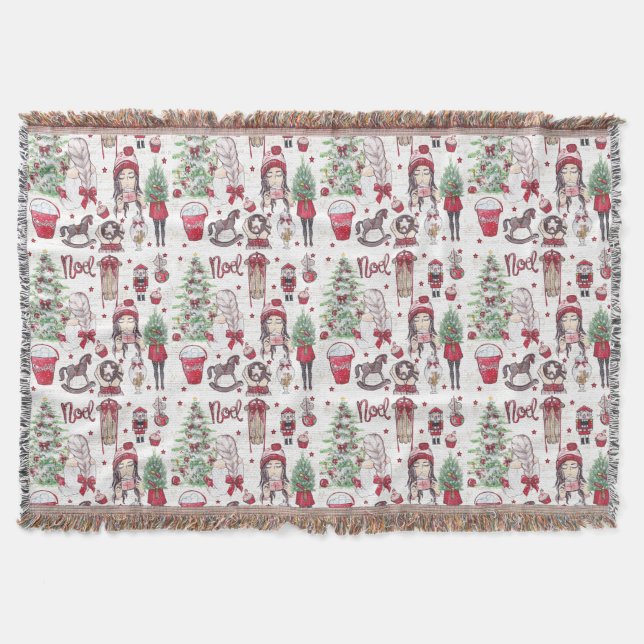 Cobertor Elementos de Natal Pintados com Aquarela Vermelha (Frente)