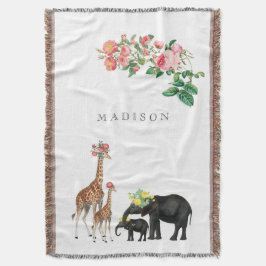 Cobertor Elephant & Giraffe Floral Custom Baby Name