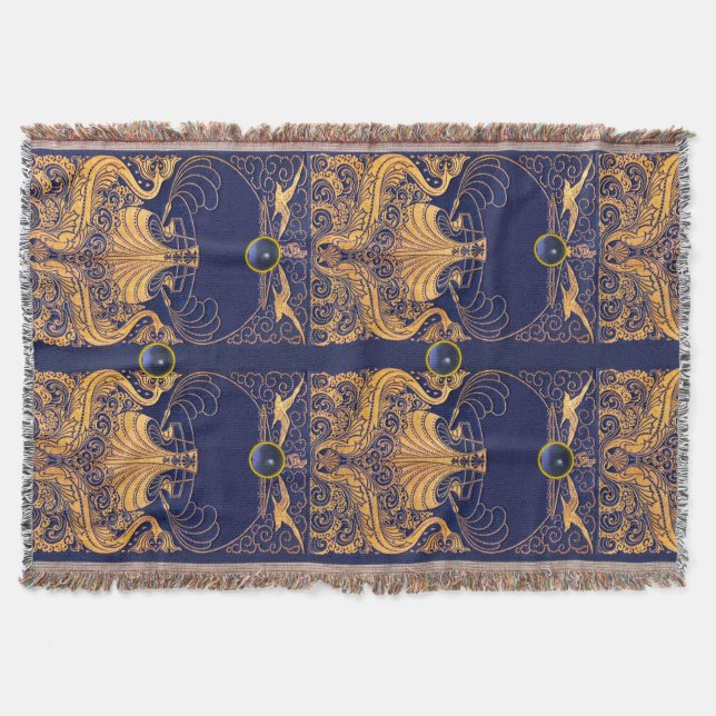 Cobertor Embarcação Antiga,Golfinhos,Dourado,Azul Marinho N (Frente)