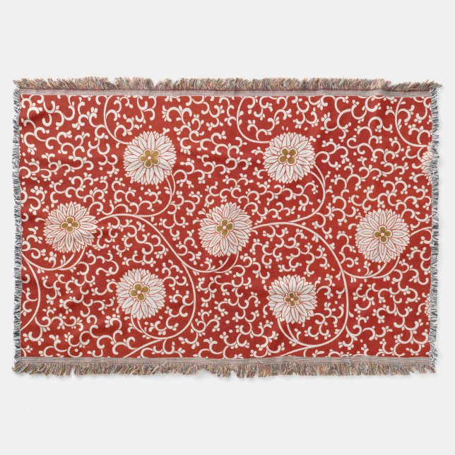 Cobertor Enfeite Chinês Owen Jones Floral Vermelho Branco (Frente)