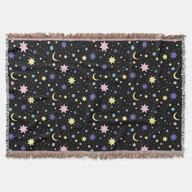 Cobertor Estrelas Roxas Rosa Lua Amarela Espaço Cósmico. (Frente)