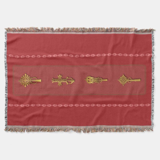 Cobertor Ethiopian Orthodox Crosses – Gold on Red (Frente)