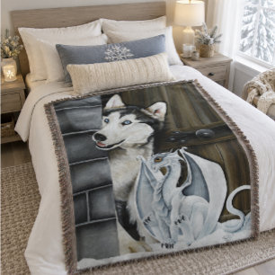 Cobertor Fantasiosa Fantasia de Inverno Husky Cão Dragão Ca