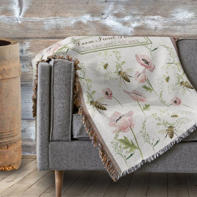 Cobertor Fazenda Doce Fazenda Nome da família papoila, flor (Customizable "Farm Sweet Farm" throw blanket with family name and year | Rustic farmhouse decor)