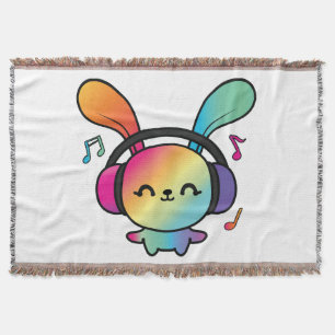Cobertor Feliz Bunny com fones de ouvido ouvindo música.