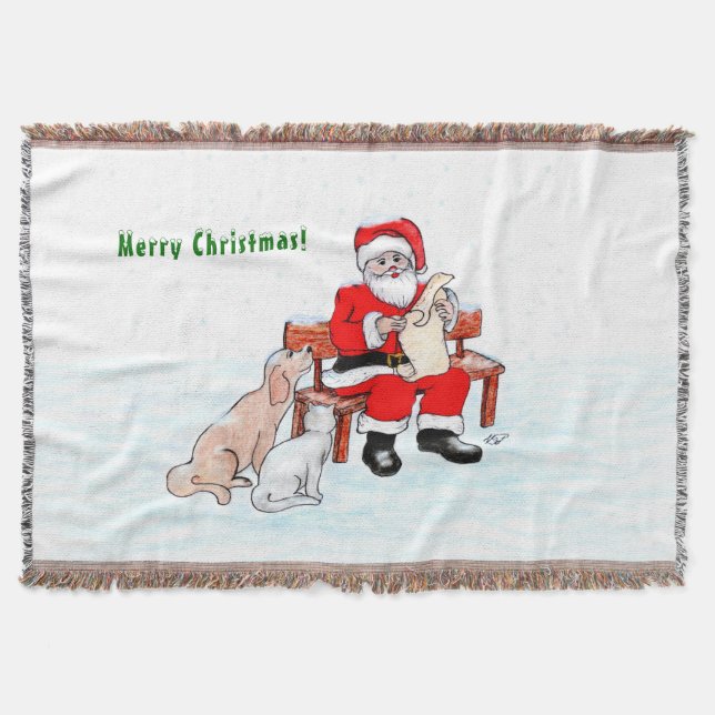Cobertor Feliz Natal! Papai Noel com Gato e Cão (Frente)