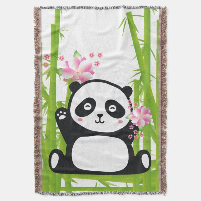 Cobertor Feliz Panda com Bamboo e Flor de Cereja (Frente Vertical)