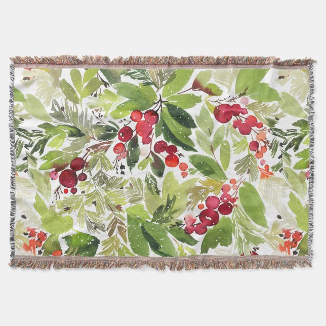 Cobertor Festivo Holly Berry e Evergreen Watercolor (Frente)