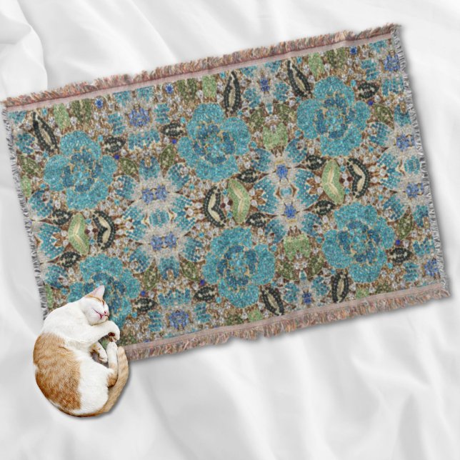 Cobertor flor azul-azul-turquesa prateada boêmica (bohemian girly chic silver turquoise blue flower throw blanket)