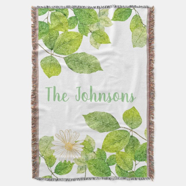 Cobertor Flor Branco e Jardim de Folhas Verde (Frente Vertical)