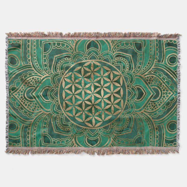 Cobertor Flor da vida em Lotus - malaquite e ouro (Frente)