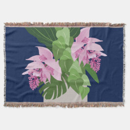 Cobertor Flor Rosa Tropical de Medinilla no Azul Escuro